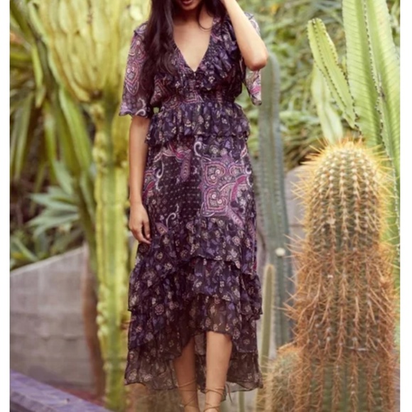MISA Marni Printed Chiffon Midi Dress Size Small Black Boho Paisley - Picture 1 of 16